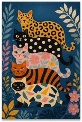 Colorful Cats Poster Whimsical Feline Animal Canvas Wall Art by Unknown