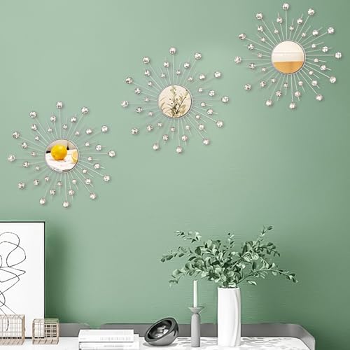 Uaussi 3 Pack Crystal Sunburst Wall Mirror Décor Rhinestone Mirrors Decorative - Image 2