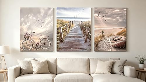 Beach Canvas Wall Art Neutral Coastal Canvas Pictures Vintage Bicycle Wooden - Image 2