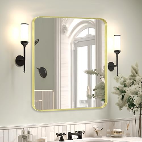 Gold Bathroom Mirror 30x36in, Metal Framed Rounded Rectangle Wall - Image 2
