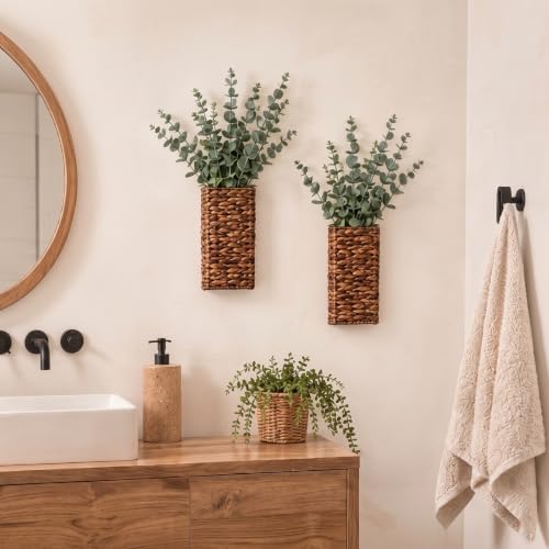 2 Pack Woven Wall Vases with Artificial Eucalyptus, Hanging Wall Planters - Image 5