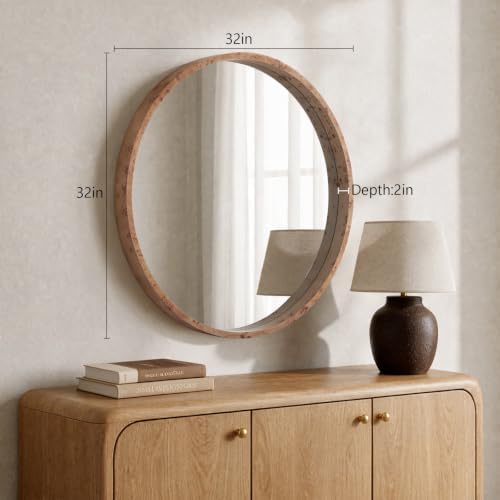 WallBeyond 32 Inch Round Wood Mirror, Burlwood Grain Wood Frame Circle Mirror - Image 5