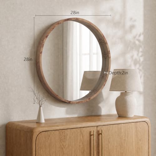 WallBeyond 28 Inch Round Wood Mirror, Burlwood Grain Wood Frame Circle Mirror - Image 4