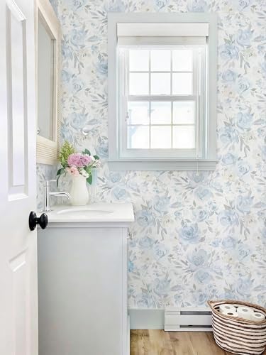 Ismoon Blue Floral Peel Stick Wallpaper Boho Watercolor Stick on Wall Paper - Image 2