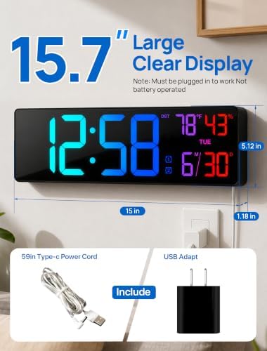 RGB Large Digital Wall Clock, 15.7" Digital Clock Large Display - Image 2