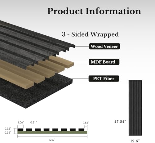 MISSDAY Wood Slat Acoustic Wall Panels, 2 Packs 47.2" x 12.6" Black Soundproof - Image 6