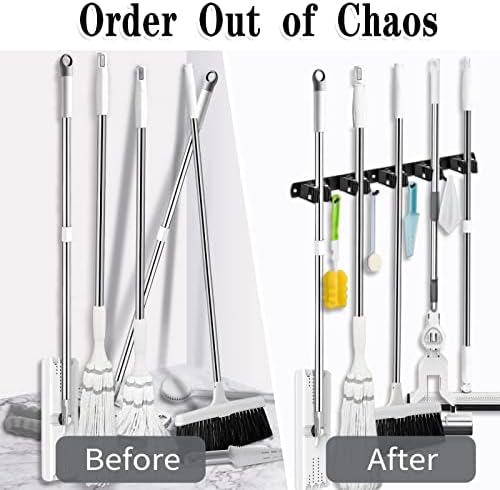 2 Pack Black Broom Holder Wall Mount, 5 Racks 4 Hooks Mop and Broom Holder - Image 6