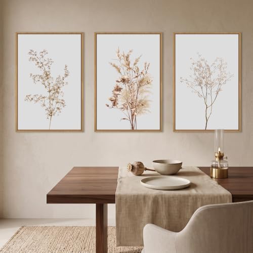 Large Boho Beige Floral Framed Canvas Wall Art Set -16"x24"x3 - Image 3