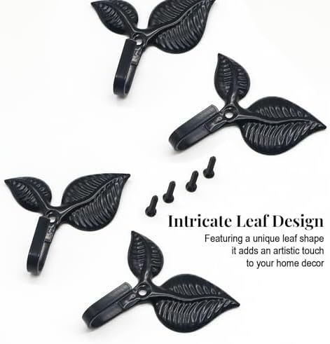 4 Pack Black Iron Leaf Wall Hooks, Bathroom Towel Hooks - Image 2