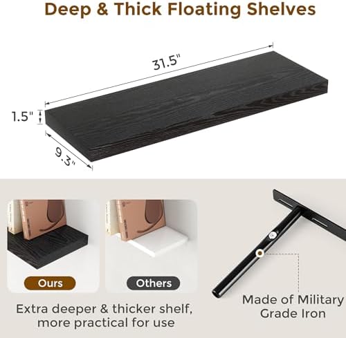 Fun Memories 32" W x 9.3" D Floating Shelves in Black, Rustic Wood Deep Shelves - Image 3