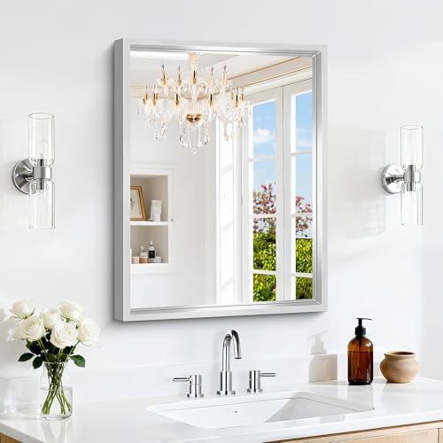 18 x 24 inch Brushed Silver Bathroom Mirror, Metal Framed Rectangle Mirror by WelcometoCIVENO
