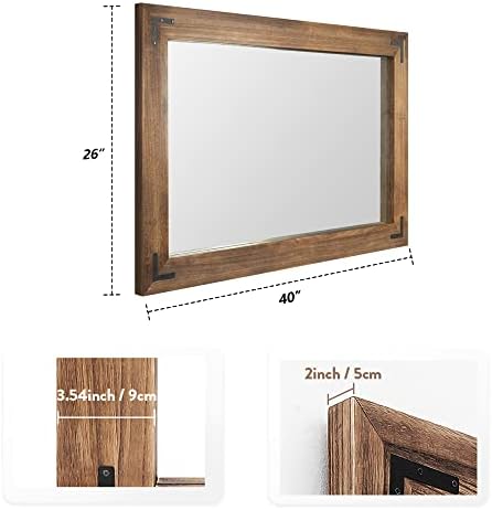 YOSHOOT Rustic Wooden Framed Wall Mirror, Natural Wood Bathroom Vanity Mirror - Image 2
