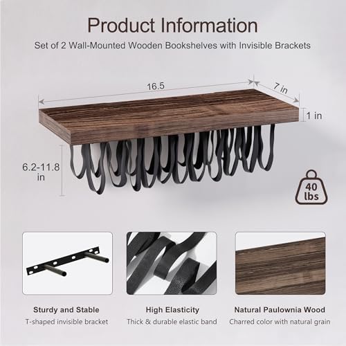 Floating Bookshelves for Wall, Rustic Wood Hanging Wall Bookshelf, Upside Down - Image 3