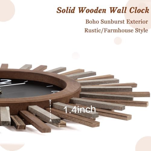 Honiway 18 Inch Large Wall Clock, Battery Operated, Rustic Wood Boho Sunburst - Image 6