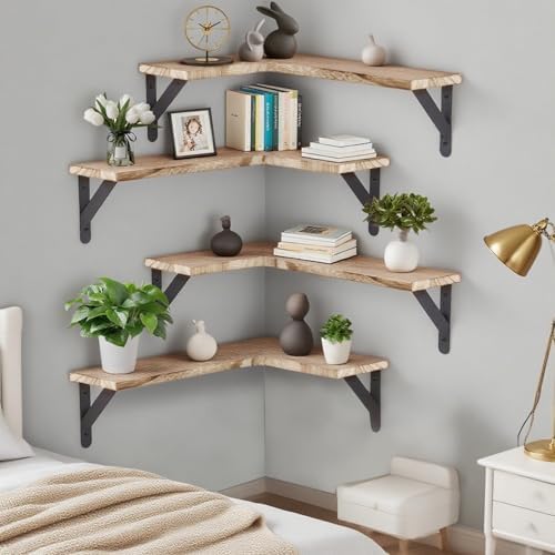 Set of 5 Corner Floating Shelves, Rustic Wood Shelve, Light Brown - Image 2