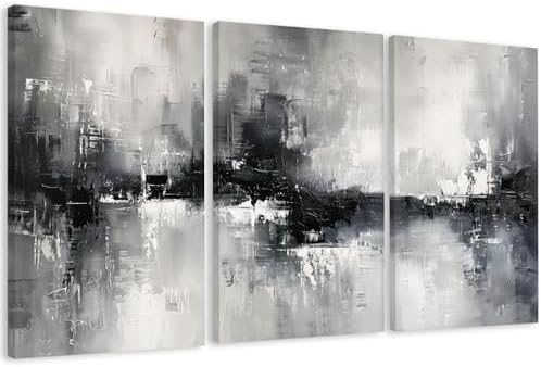 AVECCO Triptych Abstract Black White Gray Wrapped Canvas Wall Art 24x36 In by Unknown