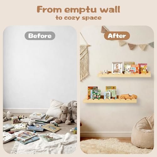 Nursery Floating Shelves for Kids Room, 2 Pack 23.6 Inch Natural Wood Wall - Image 2