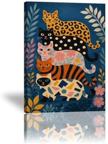 Colorful Cats Poster Whimsical Feline Animal Canvas Wall Art by Unknown
