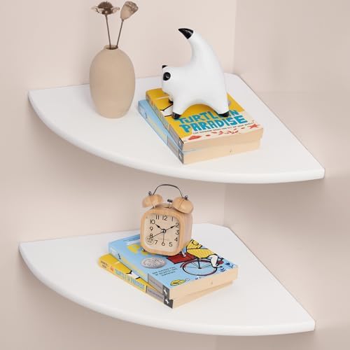 Floating Corner Shelves Set 2 12inch White Solid Oak Rounded Corner Shelves by GIEANOO