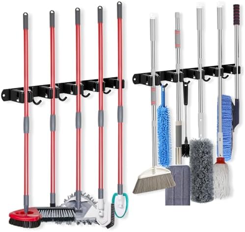 voze 5 Racks and 4 Hooks Mop and Broom Holder Wall Mount, Self Adhesive Heavy by voze