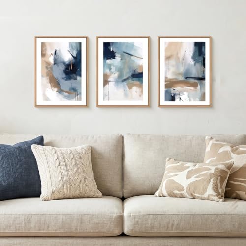 LHIUEM Abstract Navy Blue Framed Canvas Wall Art, Neutral Brush Stroke Wall - Image 2