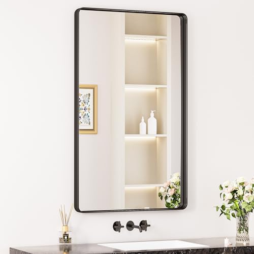 Keonjinn 40 x 24 Inch Black Vanity Mirror, Aluminum Frame Bathroom Mirror by Keonjinn