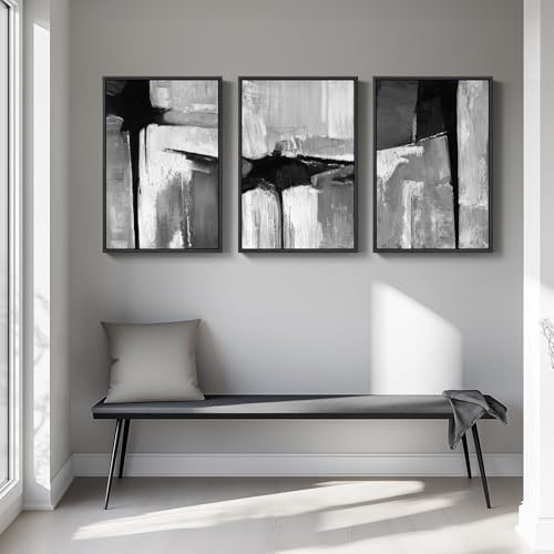Large Framed Black and White Gray Abstract Wall Art Set, 3 Piece 24x36 Inch - Image 4