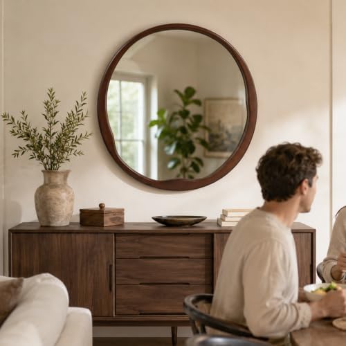 Dark Walnut 36 Inch Round Wood Wall Mirror, Asymmetrical Inner Edge - Image 7