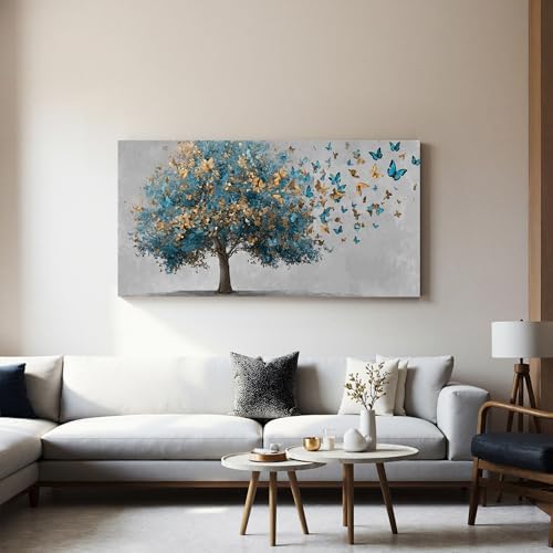 YISXINOAG Blue Gold Tree of Life Wall Art Butterfly Landscape Print 20"X40" - Image 5