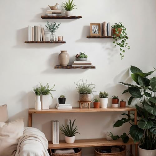 Pinkunn 4 Pcs Floating Shelves for Wall Rustic 15.75 Inches Walnut Wooden - Image 6