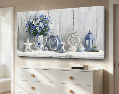 Nicetop Large Coastal Wall Art – Blue and White Floral Artwork, Rustic - Image 2