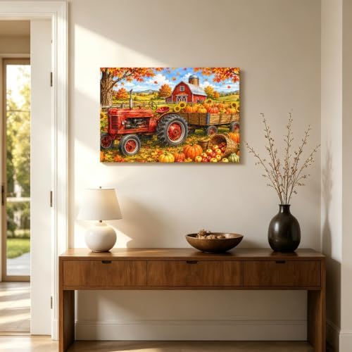 Fall Farmhouse Wall Art For Living Room Harvest Rural Orange Pumpkins Red Barn - Image 4