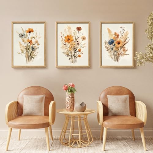 Hianan Wood Framed Vintage Orange Wildflower Wall Art Set of 3, 16x24 in - Image 4