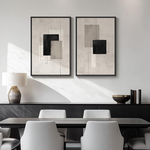 Framed Modern Black Beige Abstract Canvas Wall Art Decor Set of 2, 16x24 In - Image 4