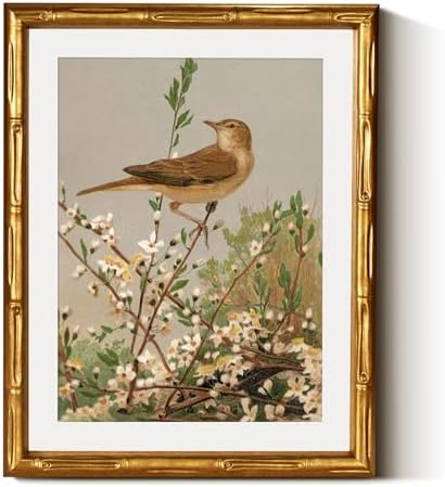 InSimSea Gold Bamboo Framed Wall Art, Spring Bird on Branch Prints by InSimSeaArt
