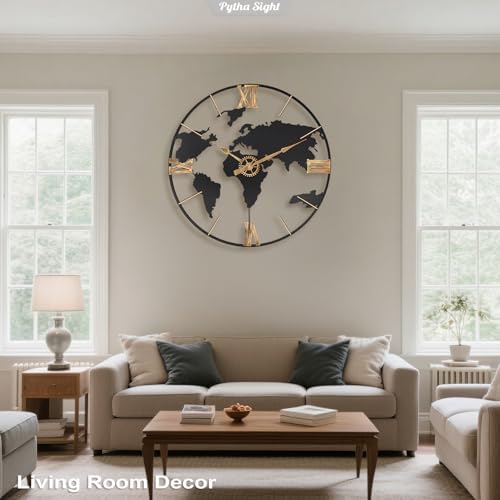 Pytha Sight 24 Inch Large World Map Vintage Gold Roman Numerals Wall Clock - Image 6