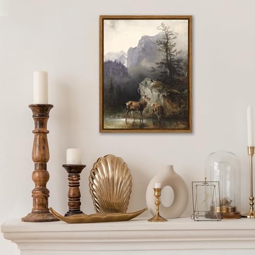 KBKBART Framed Mountain Deer Canvas Wall Art, Nature Landscape Paintings - Image 3