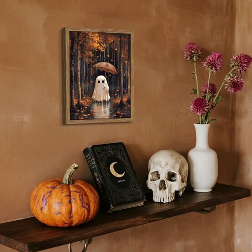 Framed Vintage Halloween Ghost Canvas Wall Art, Cute Ghost Holding Umbrella - Image 6