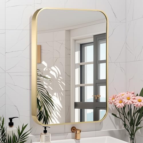 24x36 Inch Gold Bathroom Mirror, Brushed Brass Gold Metal Framed Rectangular - Image 2