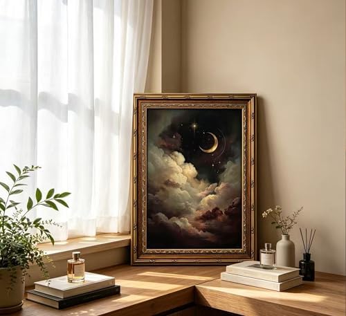 Vintage Gold Framed Celestial Wall Art, Moody Moon and Stars Gothic Painting - Image 2