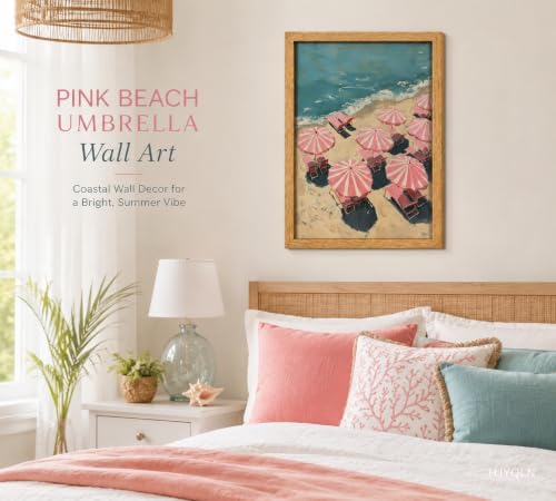 Framed Pink Beach Umbrella Canvas Wall Art, Coastal Umbrellas Wall Decor - Image 3