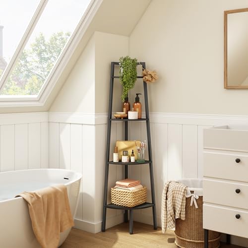 Hoctieon Corner Shelf, 4-Tier Corner Bookshelf, Rustic Ladder Shelf, Industrial - Image 3