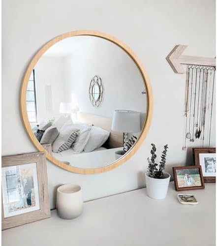JJUUYOU Round Mirror Wall Mounted Circle Mirror Circular Vintage Wood Frame - Image 6
