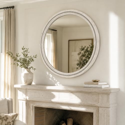 Solid Wood 36 Inch Round Beaded Wall Decor Mirror, Distressed White - Image 6