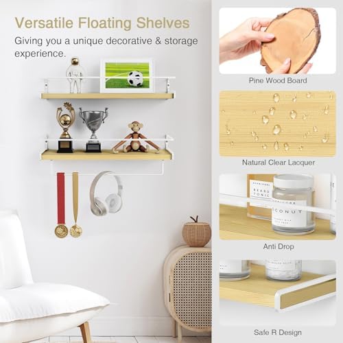 Natural Wood Floating Shelves Bathroom over Toilet Wall Mounted Set of 2 - Image 4
