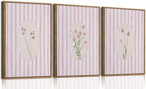 KISSFOX 3 Piece Floral Framed Wall Art Pink Wildflower Canvas Wall Art Flower by KISSFOX