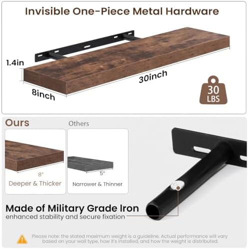 30x8in Floating Shelves 2 Pack, Wall Mount Display Shelf, Rustic Brown - Image 3