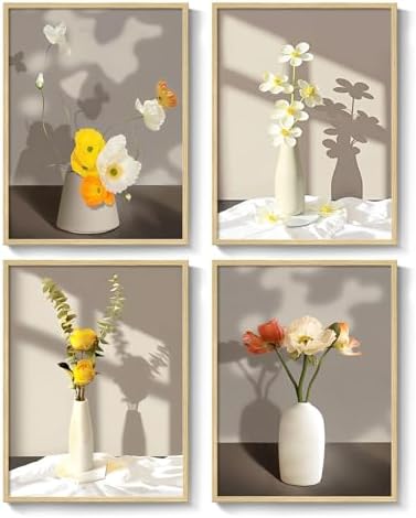 Framed Botanical Floral Wall Art, 4 Piece Yellow Flower Canvas Painting Prints by Cuspin