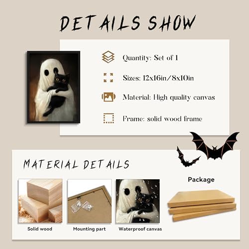 Framed Vintage Halloween Ghost Wall Art, Cute Ghost Hugging Black Cat Canvas - Image 5