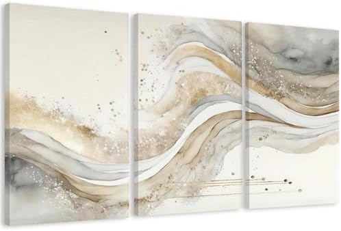 AVECCO Triptych Abstract Gold Grey Wave Wrapped Wall Art Canvas 24x36 Inch by Unknown